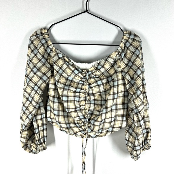Zara Checkered Plaid Top Puff Sleeve Off Shoulder Ruched M A-16 - Picture 2 of 8